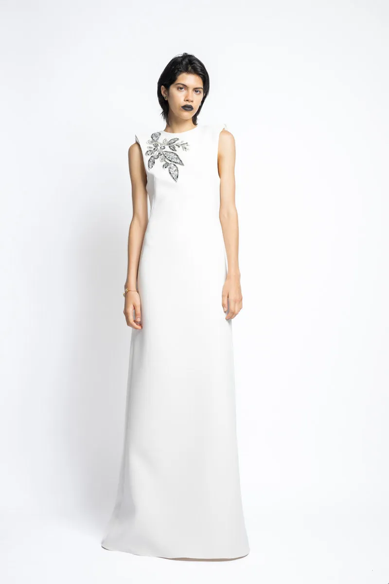 Bay Leaf Sequin And Crystal Embroidery Cady Gown With Sharp Shoulders