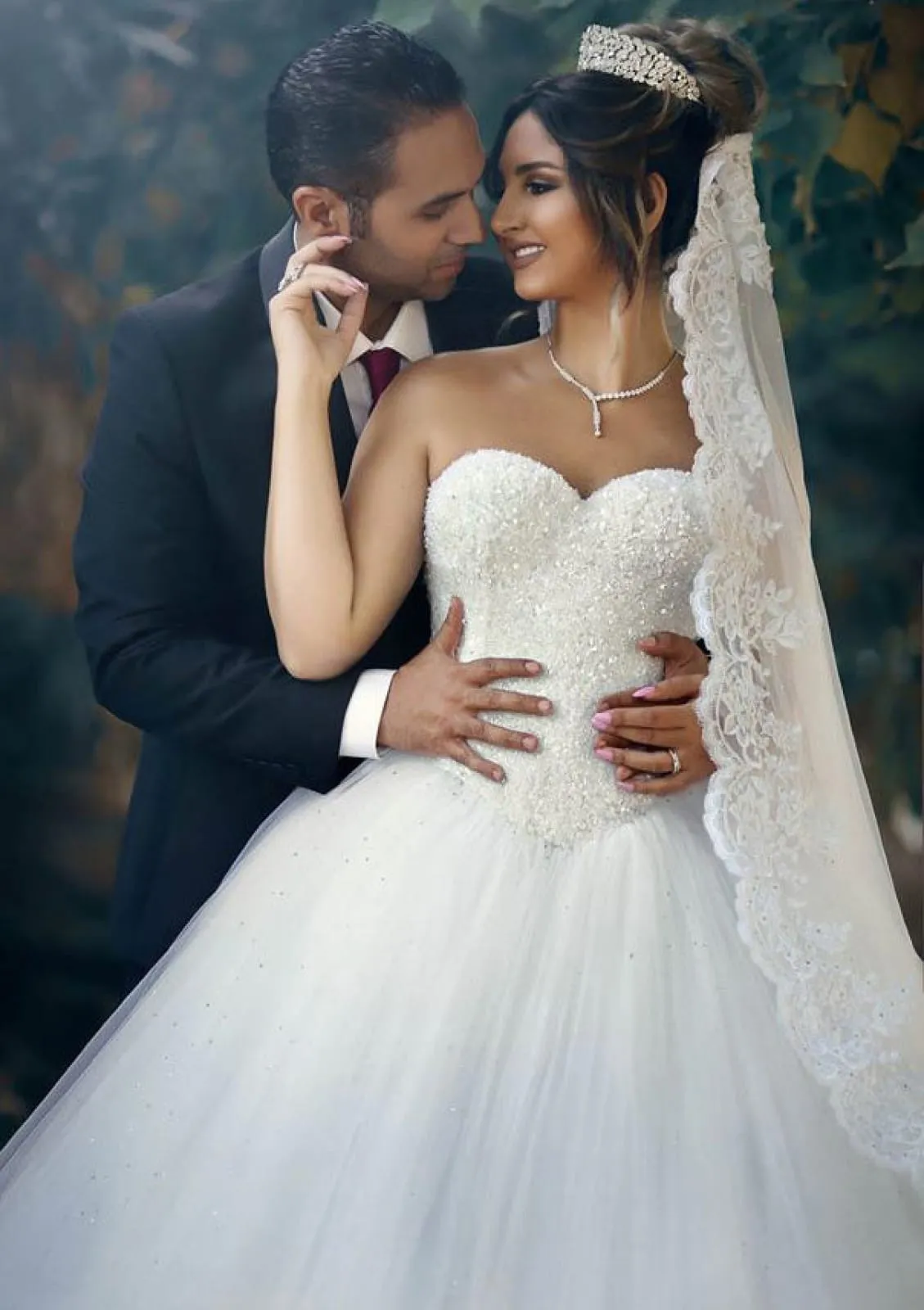 Beaded Strapless Sweetheart Ball Gown Tulle Bridal Wedding Dress