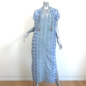 Bell Kaftan Midi Dress Blue Paisley Print Cotton-Silk Size Small NEW
