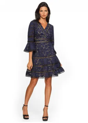 Bell-Sleeve Surplice Lace Dress in Blue