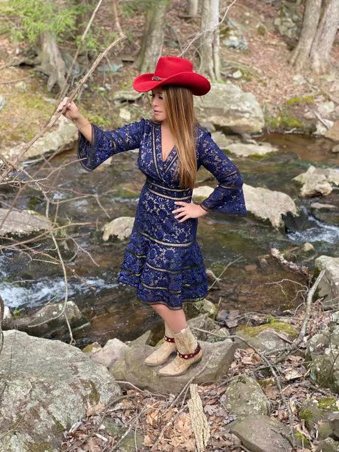 Bell-Sleeve Surplice Lace Dress in Blue
