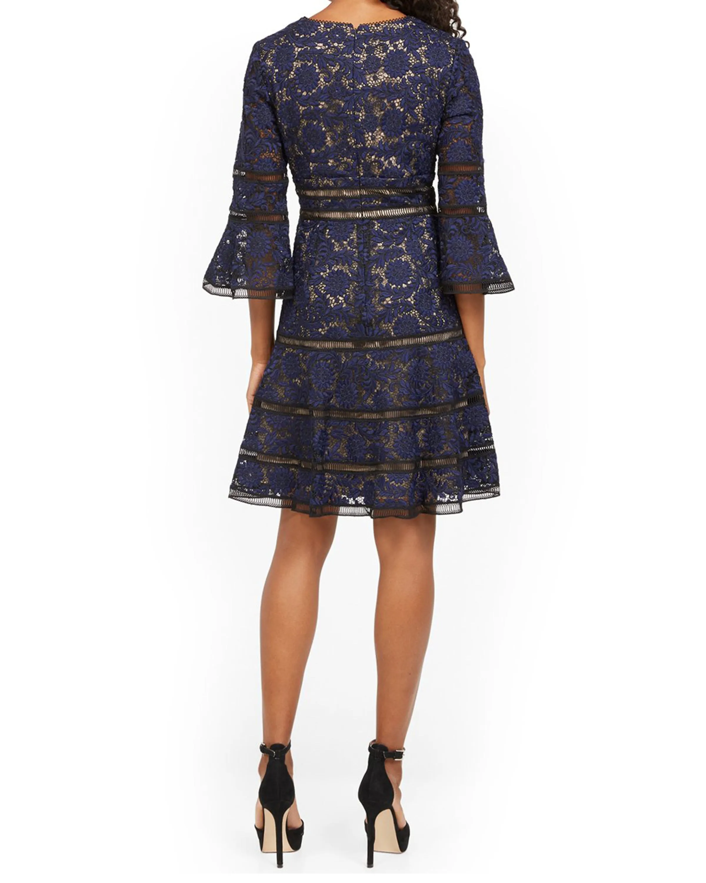 Bell-Sleeve Surplice Lace Dress in Blue