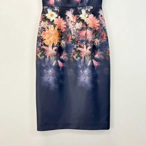 Betsey Johnson Navy Floral Stretch Sheath Midi Dress Cap Sleeve Size 0 Back Zip