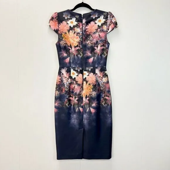 Betsey Johnson Navy Floral Stretch Sheath Midi Dress Cap Sleeve Size 0 Back Zip