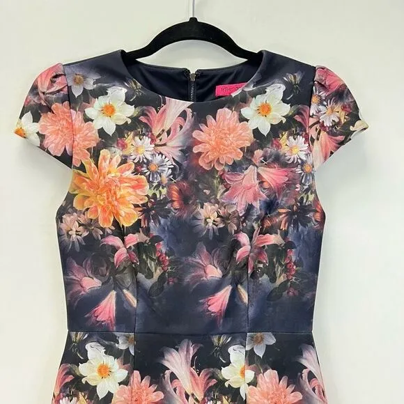 Betsey Johnson Navy Floral Stretch Sheath Midi Dress Cap Sleeve Size 0 Back Zip