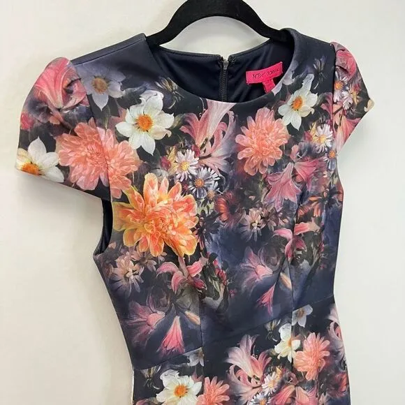 Betsey Johnson Navy Floral Stretch Sheath Midi Dress Cap Sleeve Size 0 Back Zip