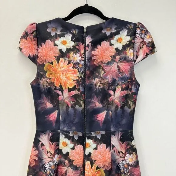 Betsey Johnson Navy Floral Stretch Sheath Midi Dress Cap Sleeve Size 0 Back Zip