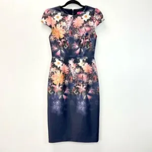 Betsey Johnson Navy Floral Stretch Sheath Midi Dress Cap Sleeve Size 0 Back Zip