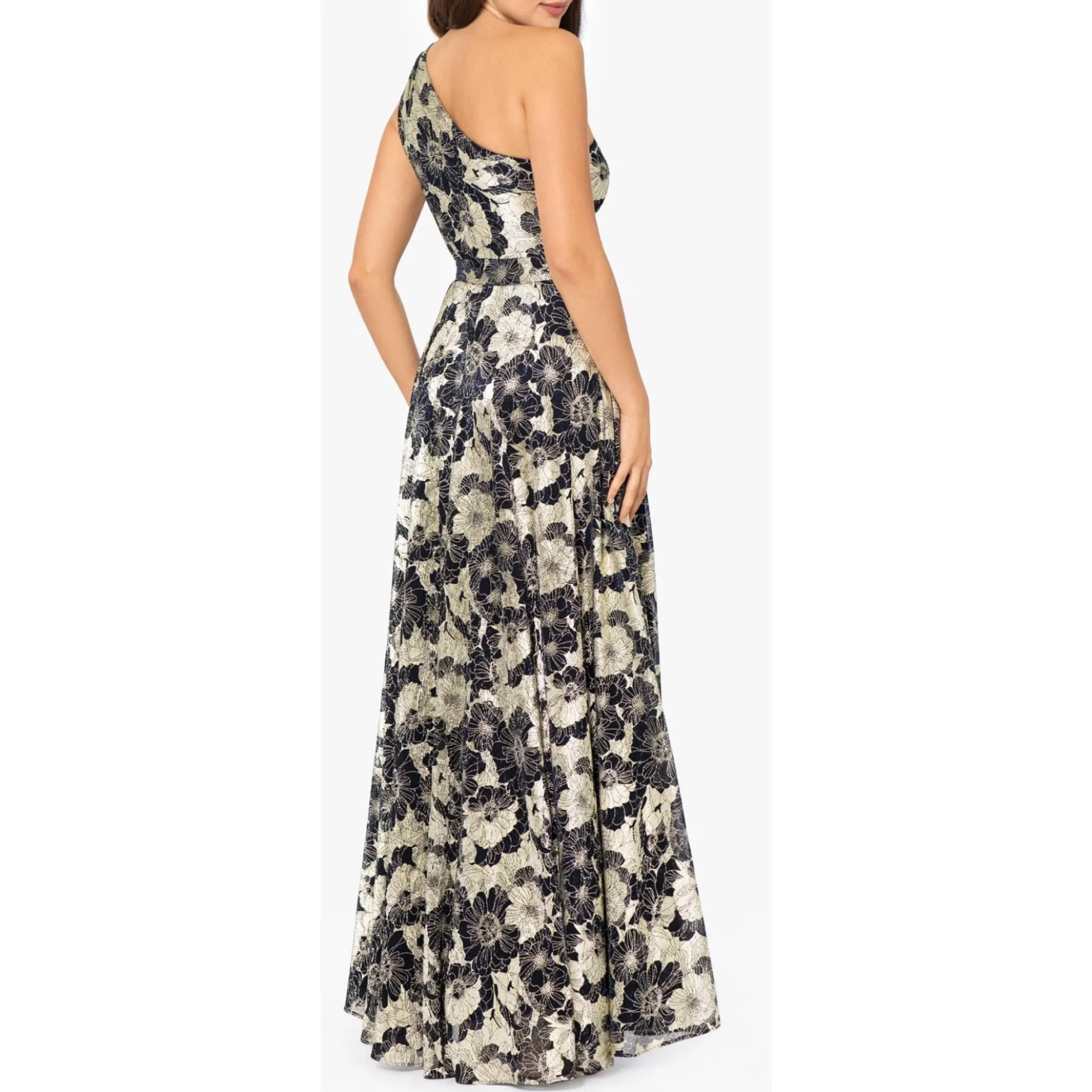 BETSY & ADAM "Gwen" Long One Shoulder Wrap Foil Flower Gown Black/ Gold Size 10