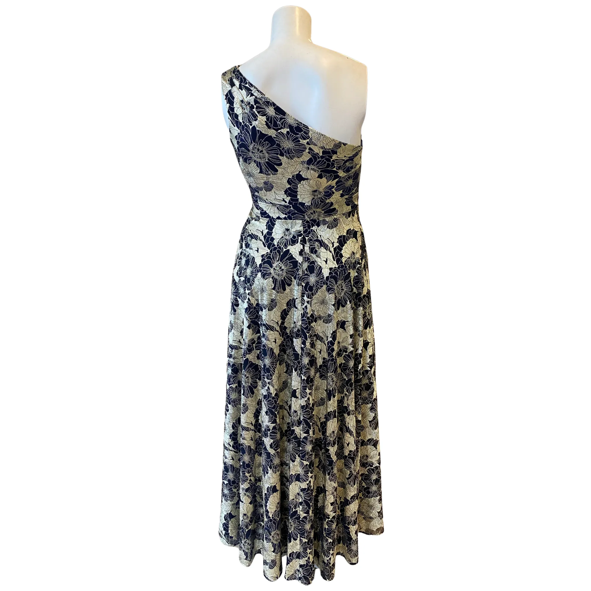 BETSY & ADAM "Gwen" Long One Shoulder Wrap Foil Flower Gown Black/ Gold Size 10