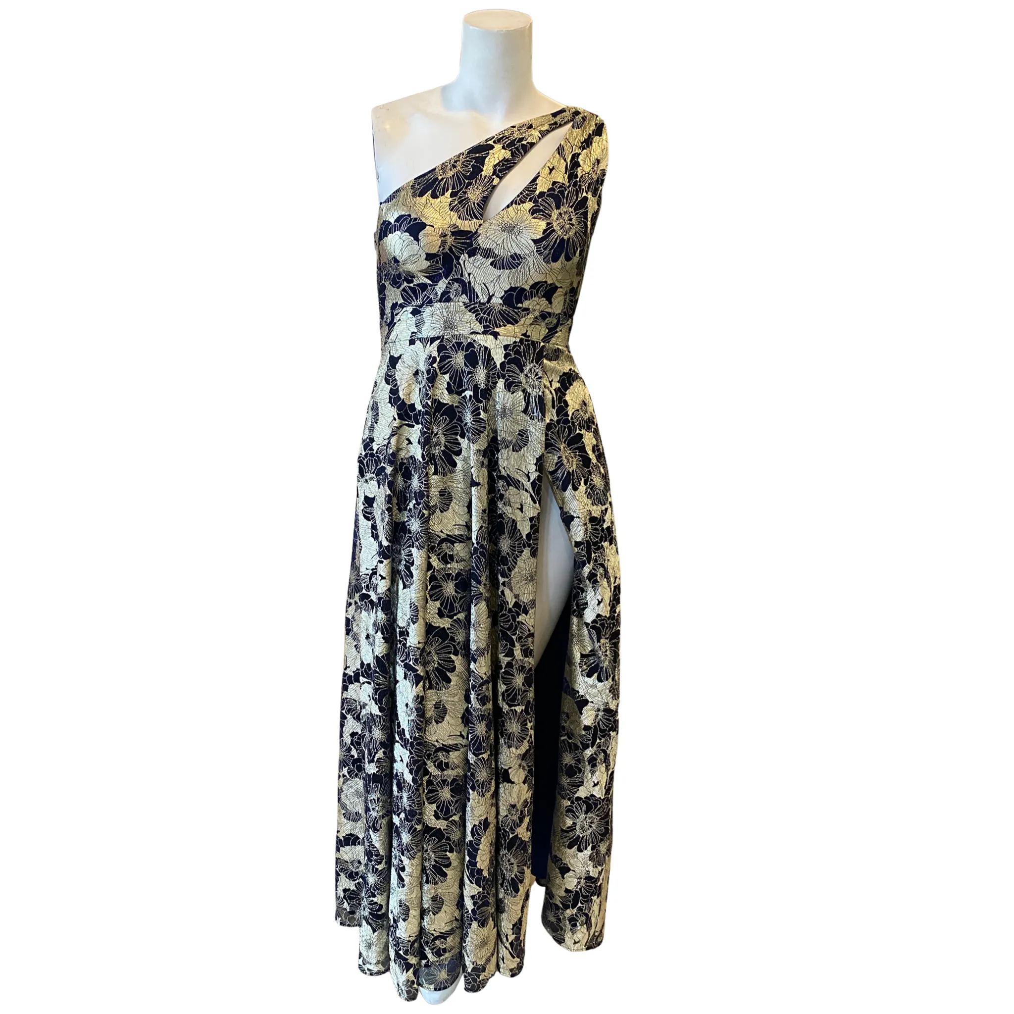BETSY & ADAM "Gwen" Long One Shoulder Wrap Foil Flower Gown Black/ Gold Size 10