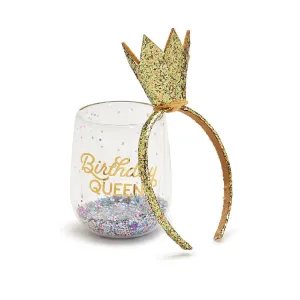 Birthday Queen Glitter Stemless Wine Glass and Glitter Crown Headband Set
