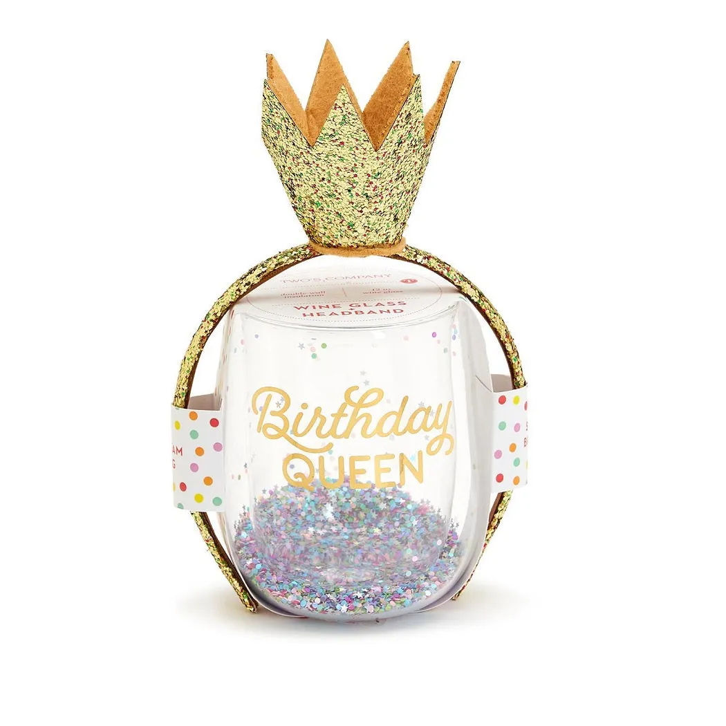 Birthday Queen Glitter Stemless Wine Glass and Glitter Crown Headband Set