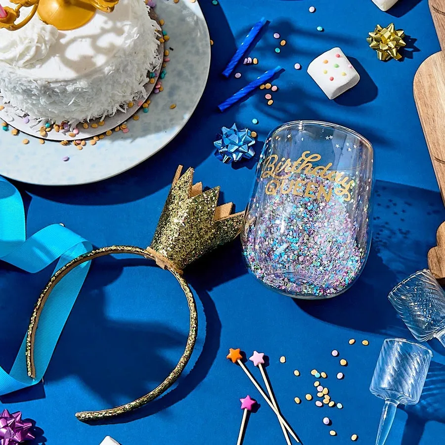 Birthday Queen Glitter Stemless Wine Glass and Glitter Crown Headband Set
