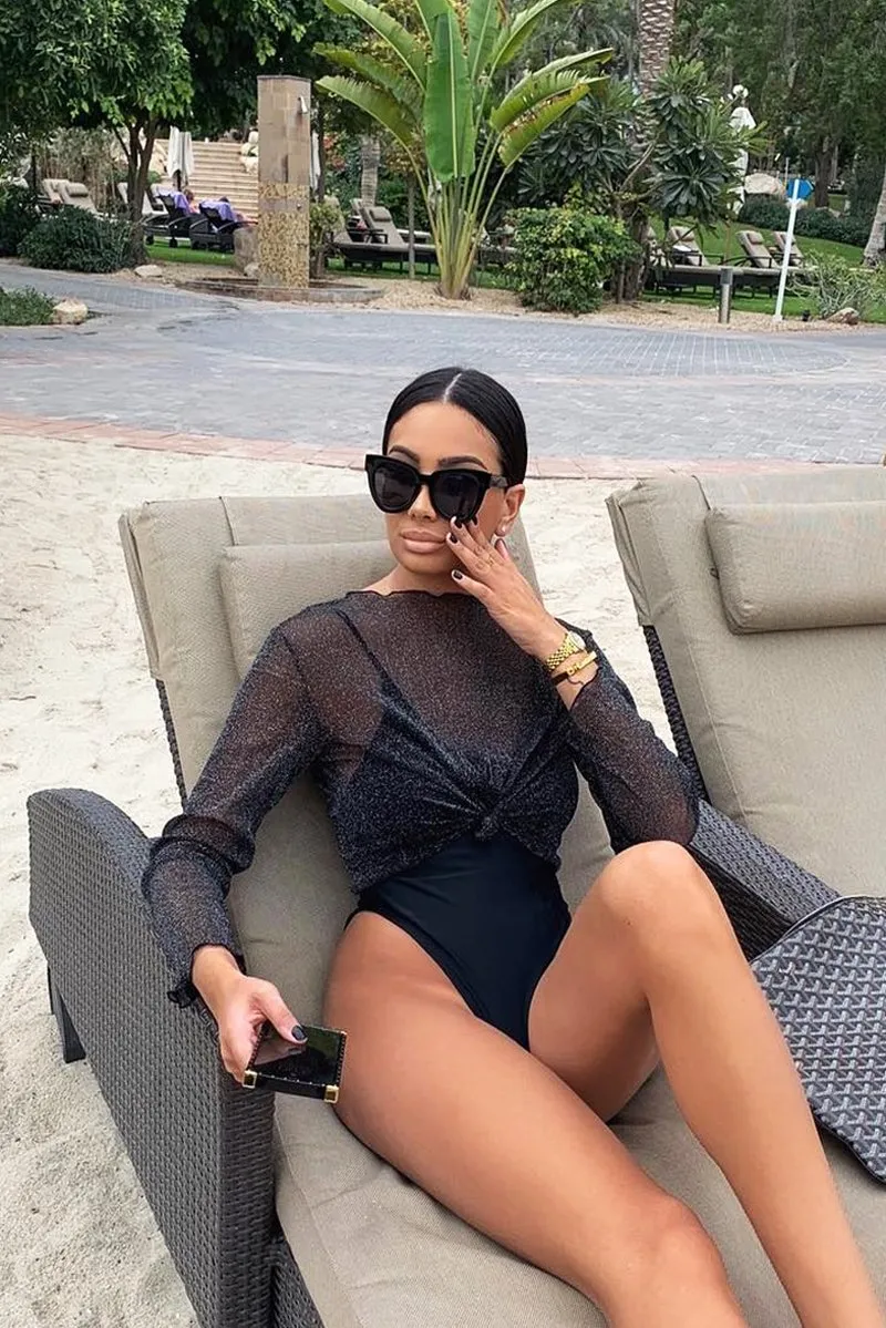 Black Glitter Mesh Long Sleeve Crop Top - Akila