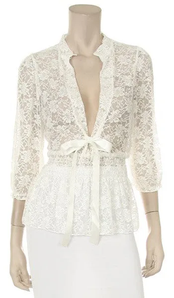 Black Short Sleeve Lace Top V Neck With Bow