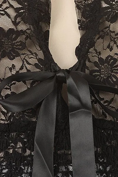 Black Short Sleeve Lace Top V Neck With Bow