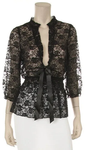 Black Short Sleeve Lace Top V Neck With Bow