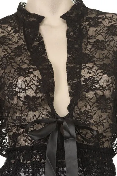 Black Short Sleeve Lace Top V Neck With Bow