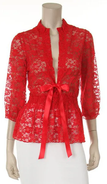 Black Short Sleeve Lace Top V Neck With Bow