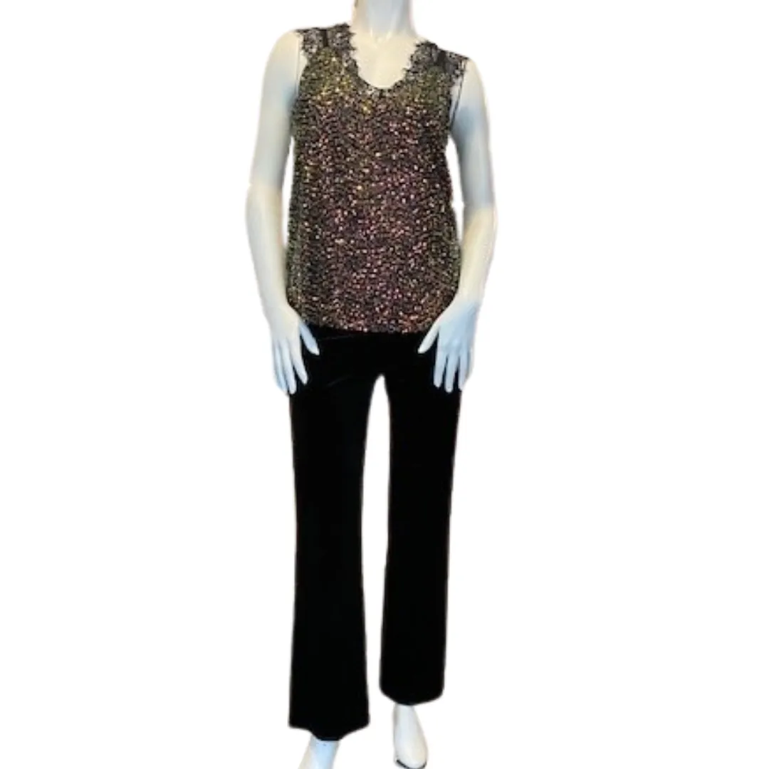 Black sleeveless sequin top with v-neck lace and lining