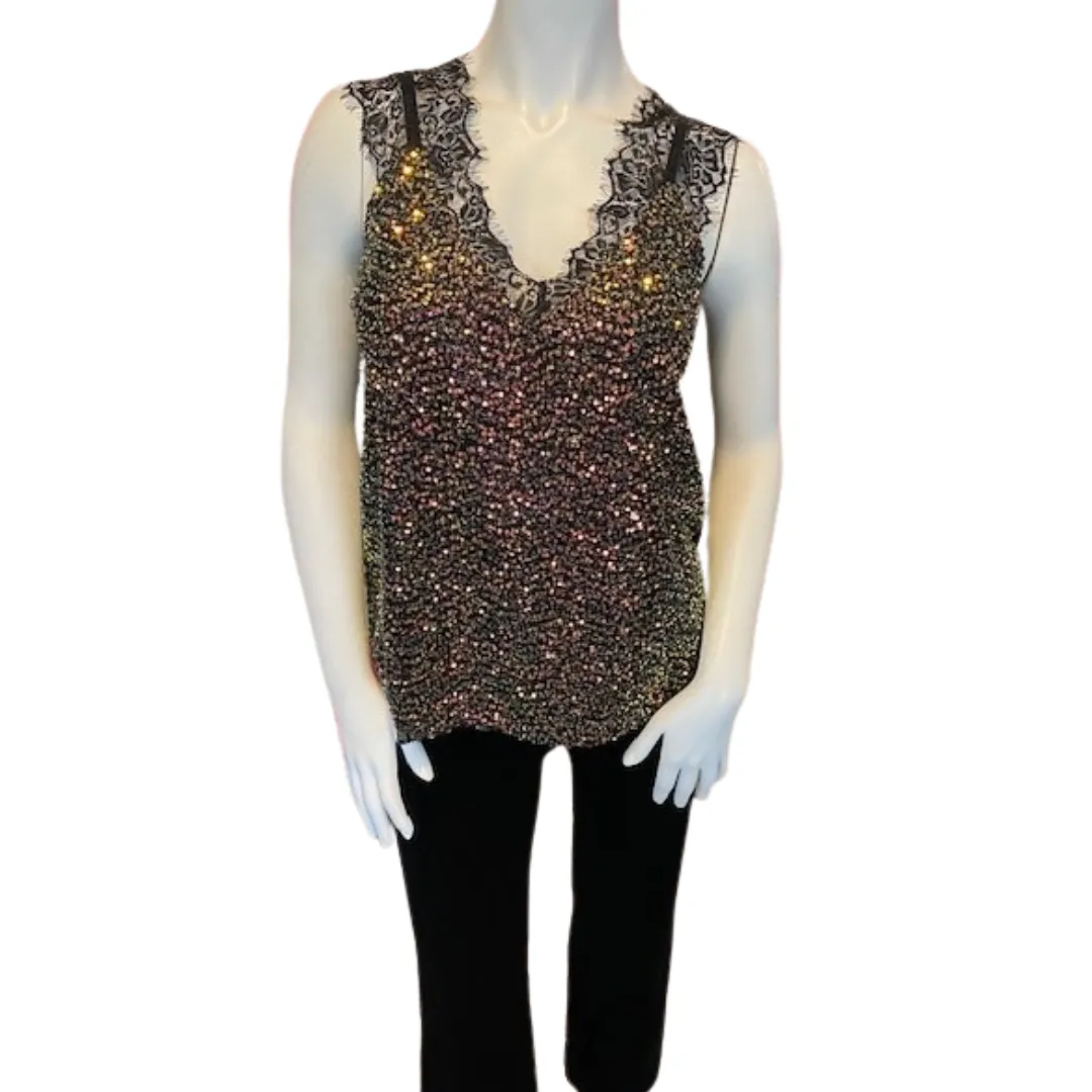 Black sleeveless sequin top with v-neck lace and lining