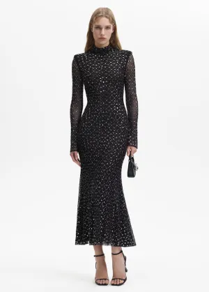 Black Square Rhinestone Mesh Midi Dress (Black)