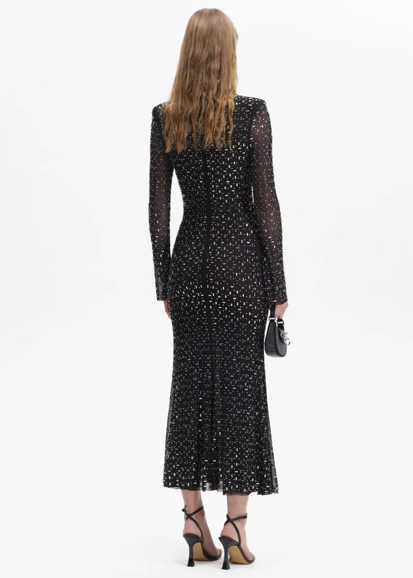Black Square Rhinestone Mesh Midi Dress (Black)