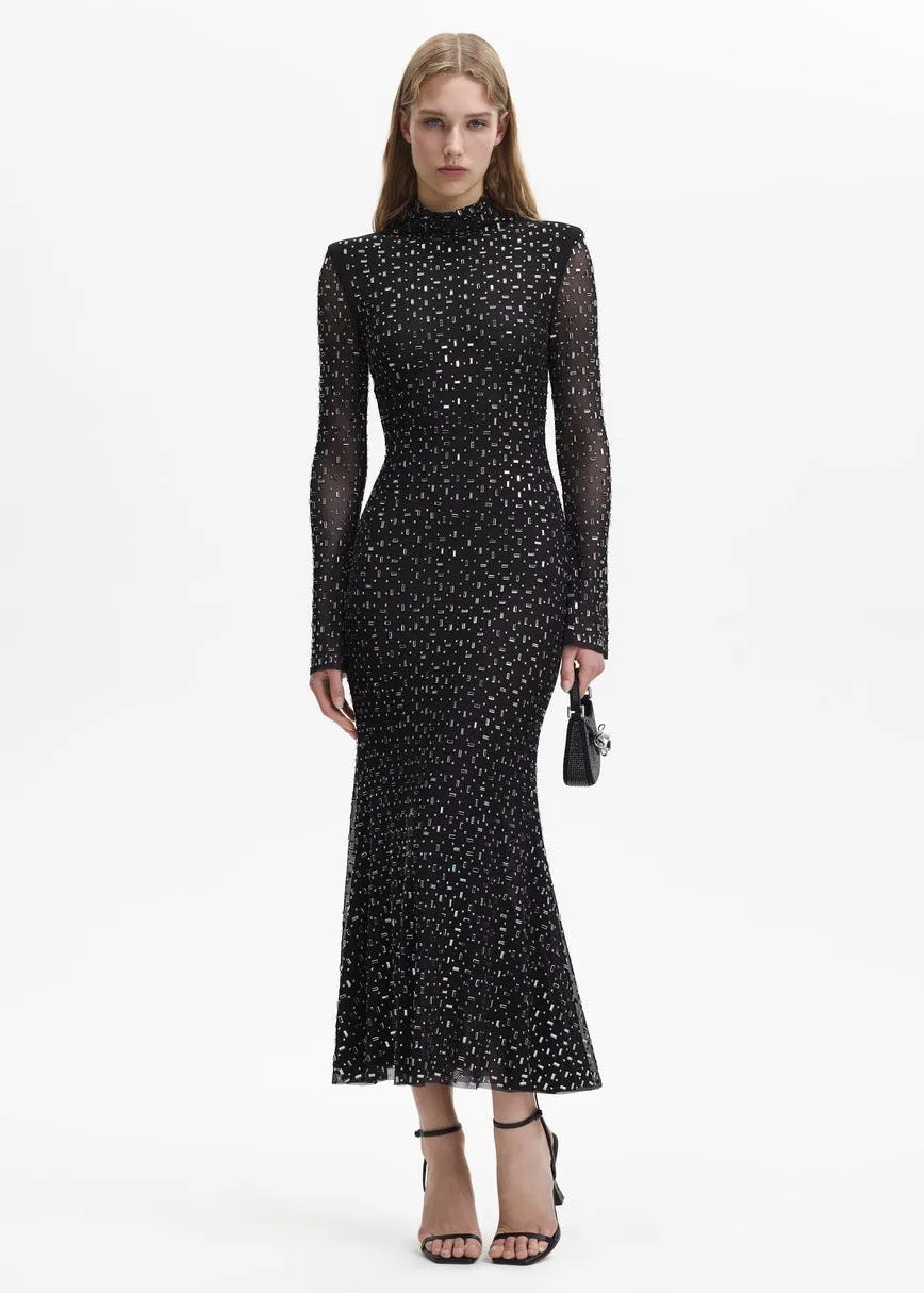 Black Square Rhinestone Mesh Midi Dress (Black)