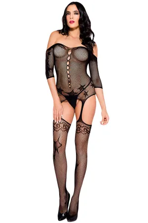 Black Starry Mesh Sleeved Off Shoulder Body Stocking
