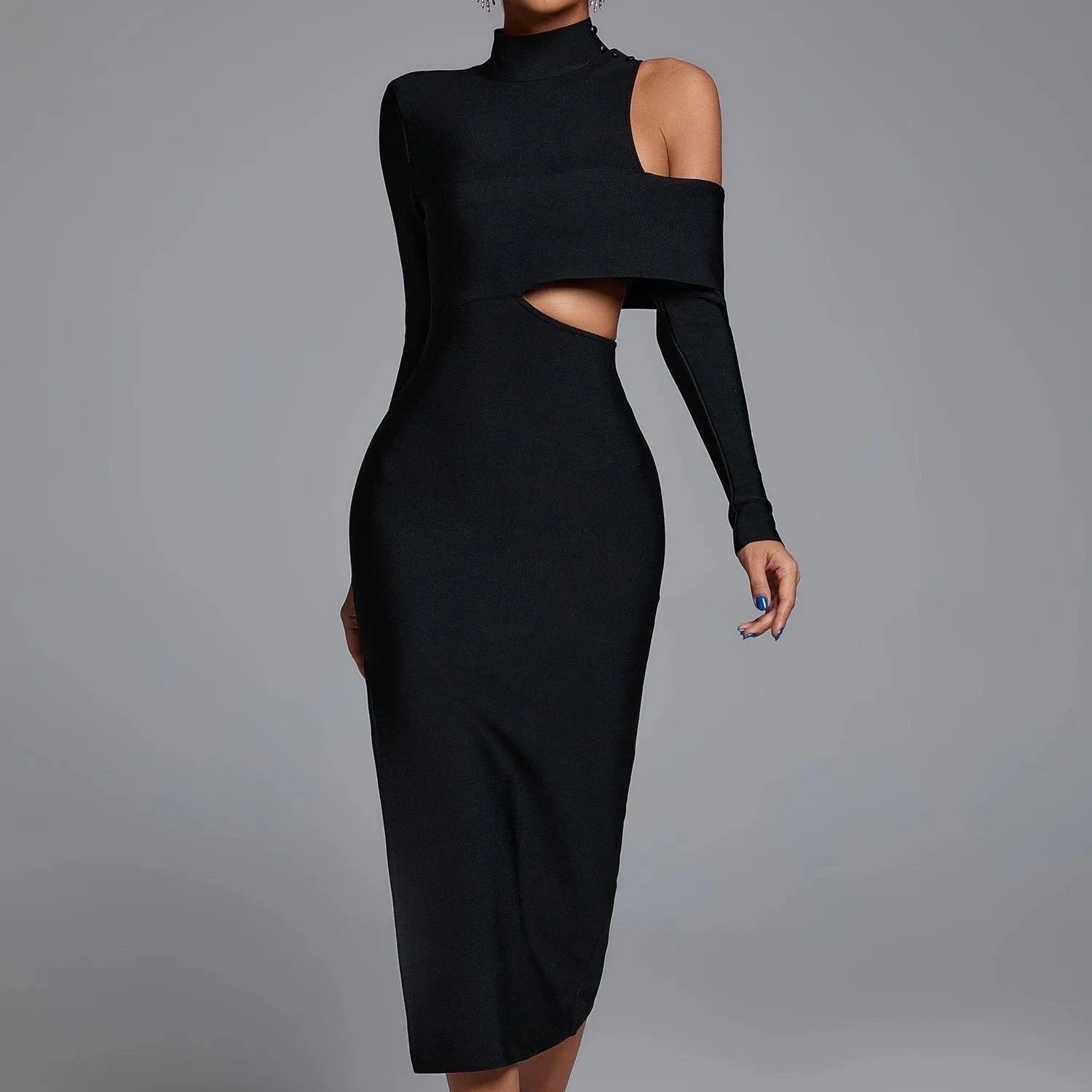 Black Widow - Black Body Con One Sleeve Dress