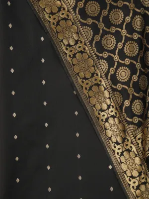 Black Zari Woven Silk Blend Dress Material With Dupatta