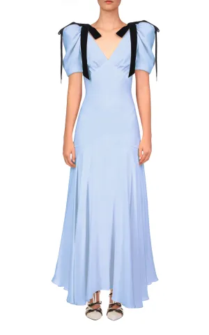Blue Silk Crepe Bias Dress With Black Velvet Bow Detail