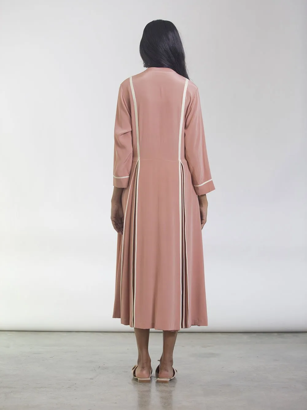 Bodice   I   Dress-This-Front-Pleated-Binding-Shirt-Dress-With-Band-Collar-Has-Full-Sleeves-And-A-Fluid-Silhouette-Made-In-100-Silk-Crepe-It-Has-Contrasting-Cream-Binding-Detail-On-The-Pleats-The-Dress-Also-Features-Pockets-On-Each-Side