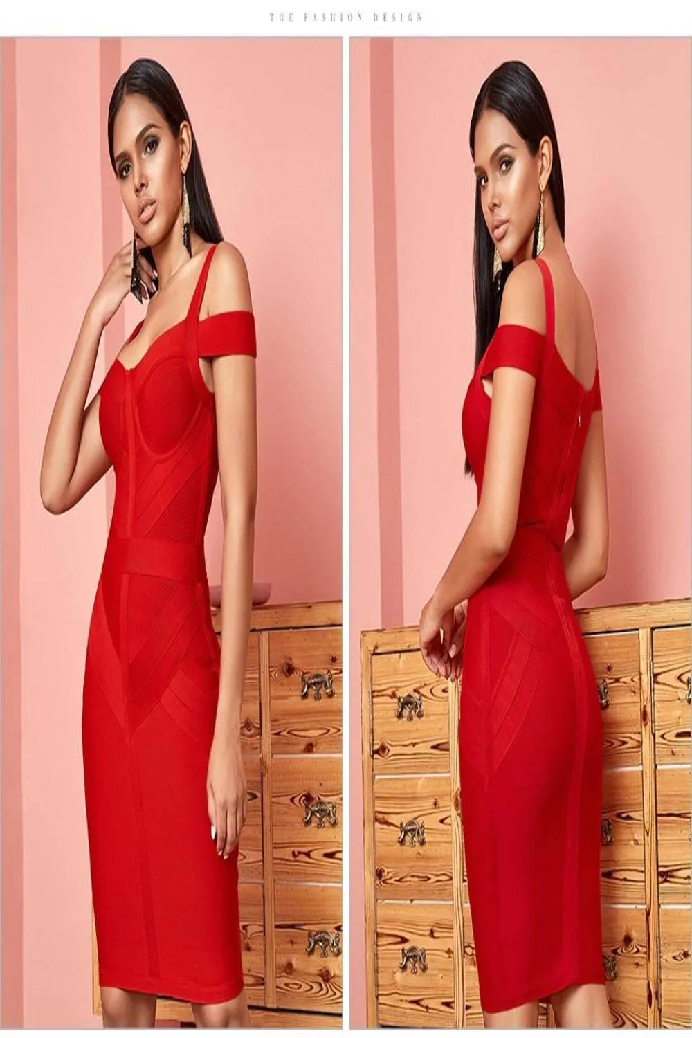 Body Contour Bustier Red Bodycon above knee Midi Dress