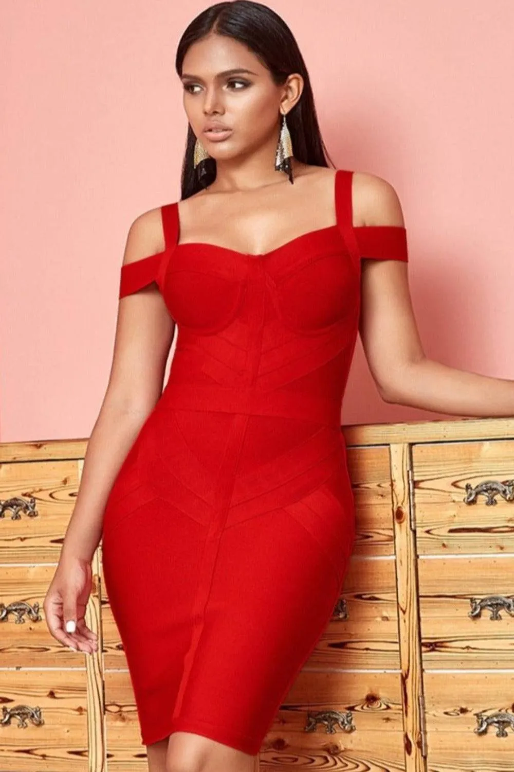 Body Contour Bustier Red Bodycon above knee Midi Dress