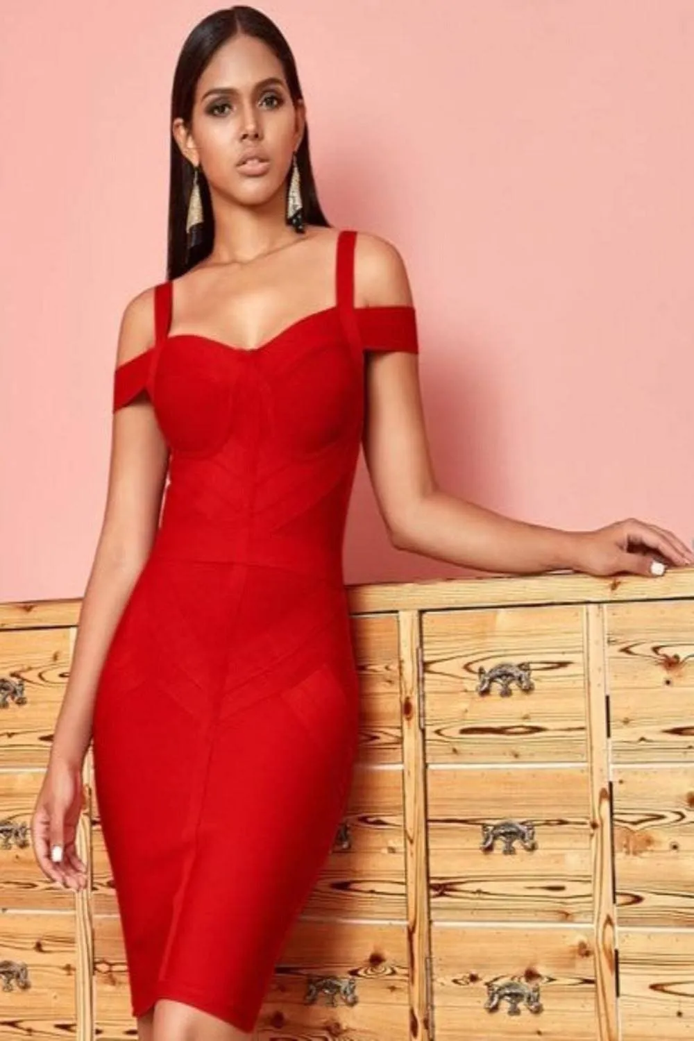 Body Contour Bustier Red Bodycon above knee Midi Dress