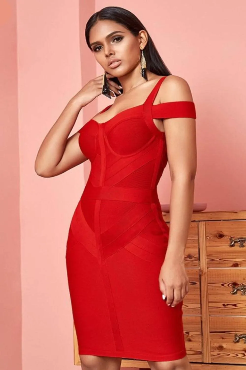 Body Contour Bustier Red Bodycon above knee Midi Dress
