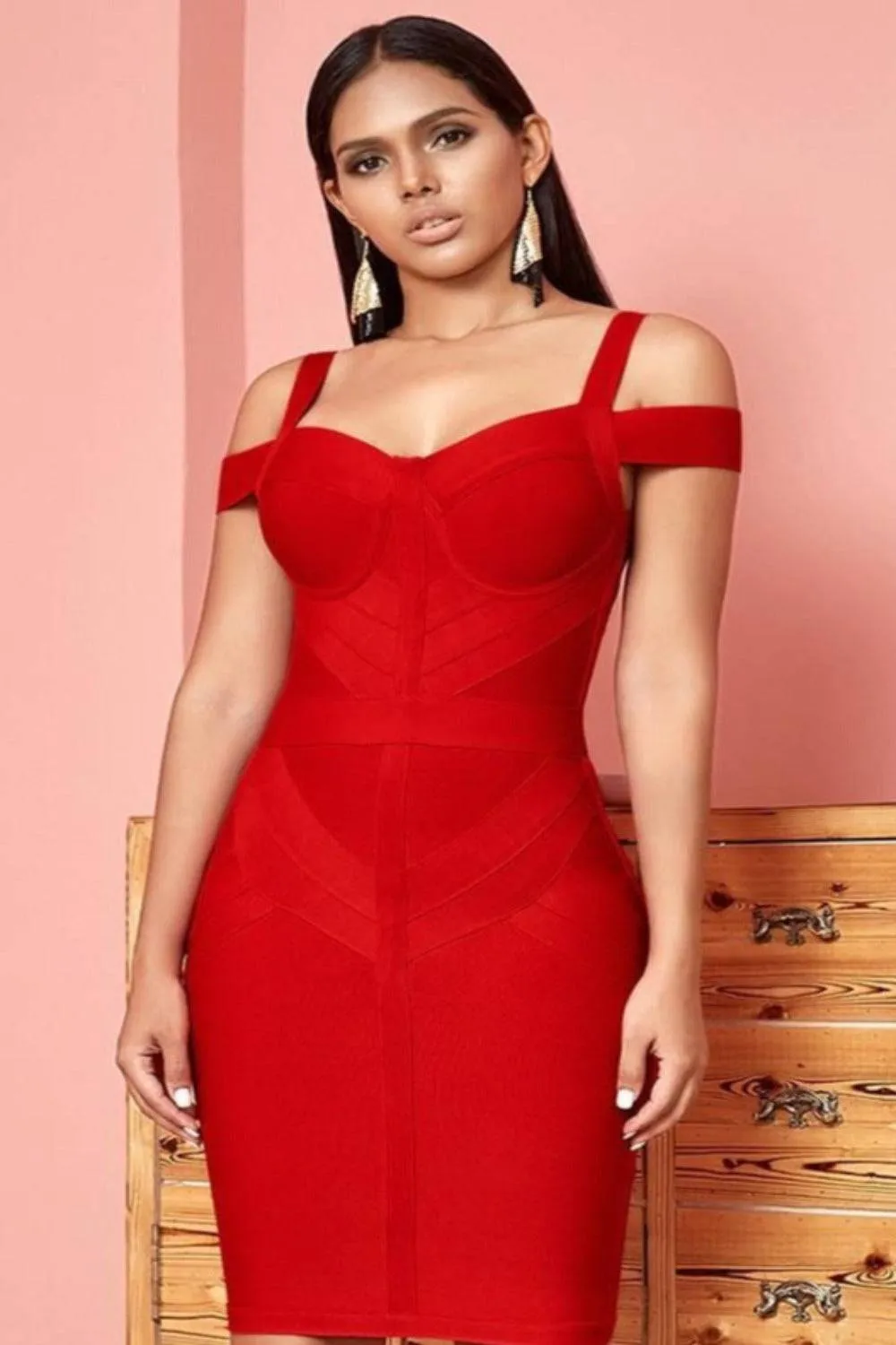 Body Contour Bustier Red Bodycon above knee Midi Dress