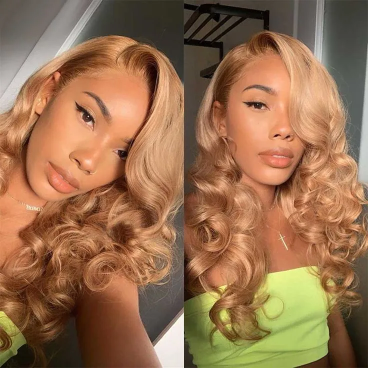 Body Wave 13x4 Lace Wigs #27 Colored Honey Blonde Human Hair Wigs Pre-plucked With Baby Hair