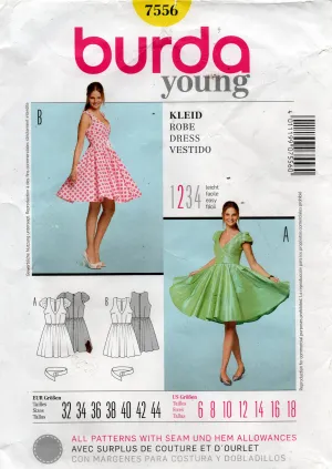 Burda Young 7556 Womens Fifties Style Full Skirt Dress Sewing Pattern Sizes 6 - 18 UNCUT Factory Folded