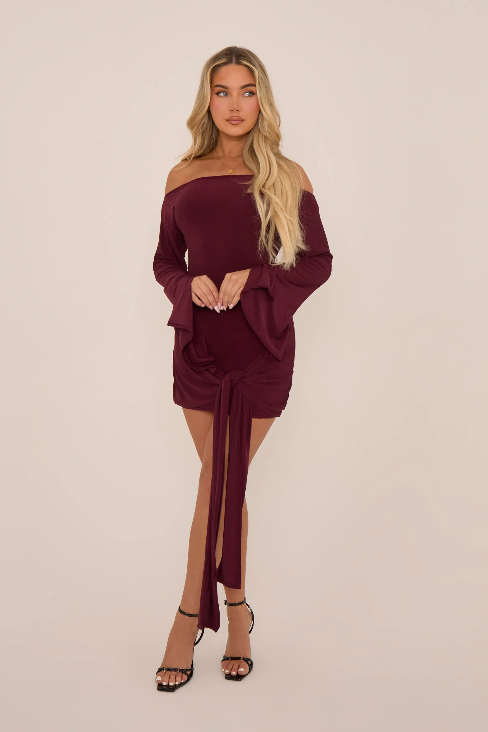 Burgundy Long Flared Sleeves Drape Detail Bodycon Mini Dress - Maya