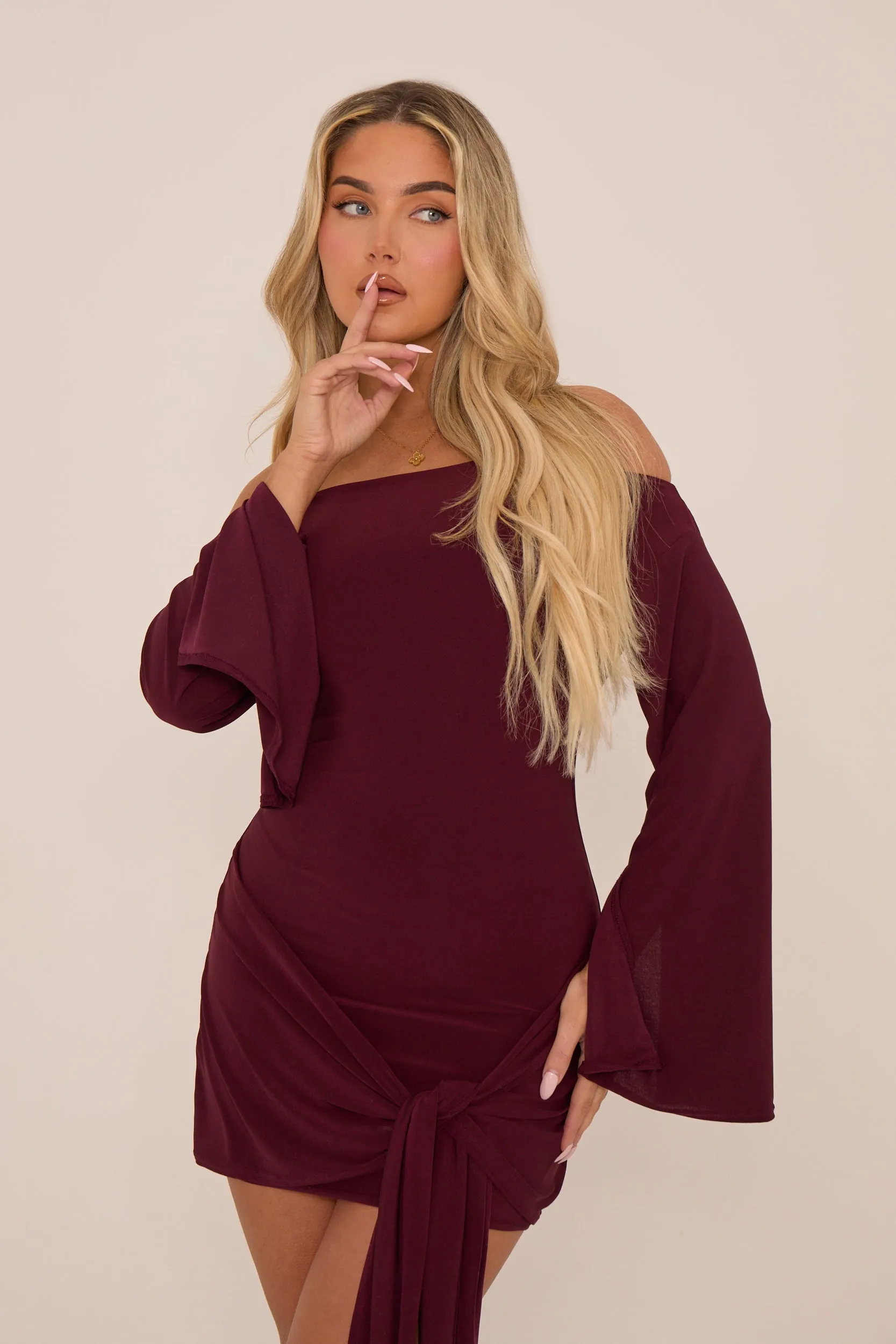 Burgundy Long Flared Sleeves Drape Detail Bodycon Mini Dress - Maya