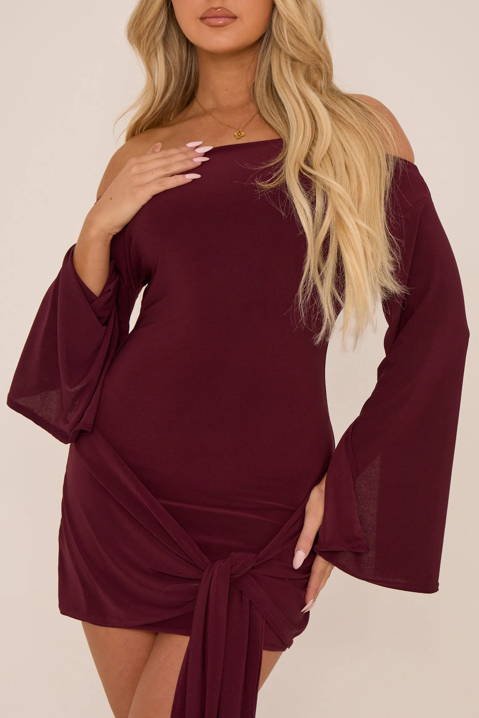 Burgundy Long Flared Sleeves Drape Detail Bodycon Mini Dress - Maya