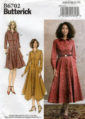 Butterick B6702 Womens Fit & Flared Shirtdresses Out Of Print Sewing Pattern Size 6 - 14 UNCUT Factory Folded