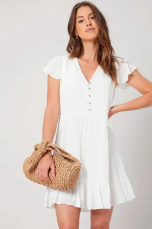 Button down tiered white mini dress