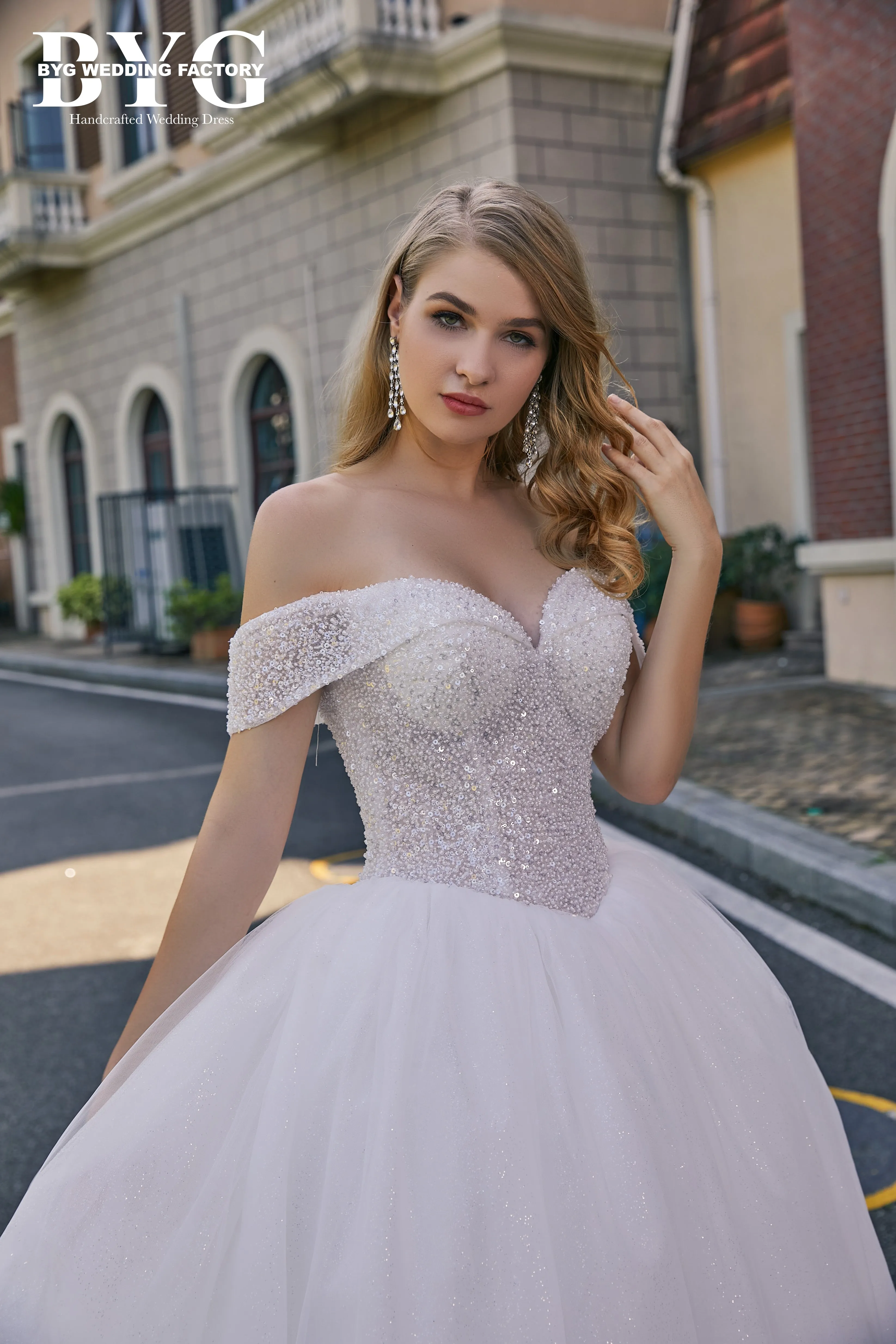BYG #S002 off the shoulder pearls wedding dress