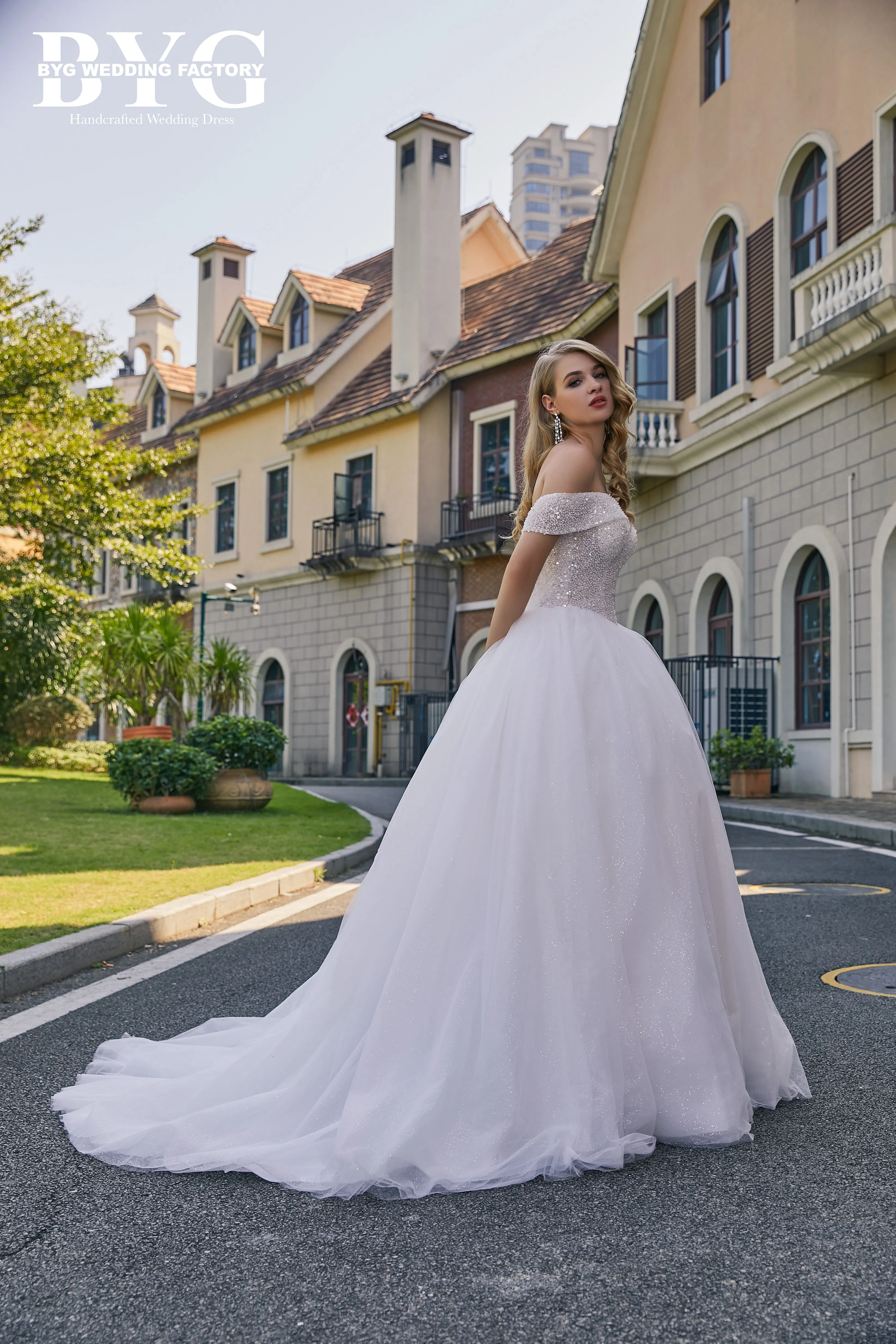 BYG #S002 off the shoulder pearls wedding dress