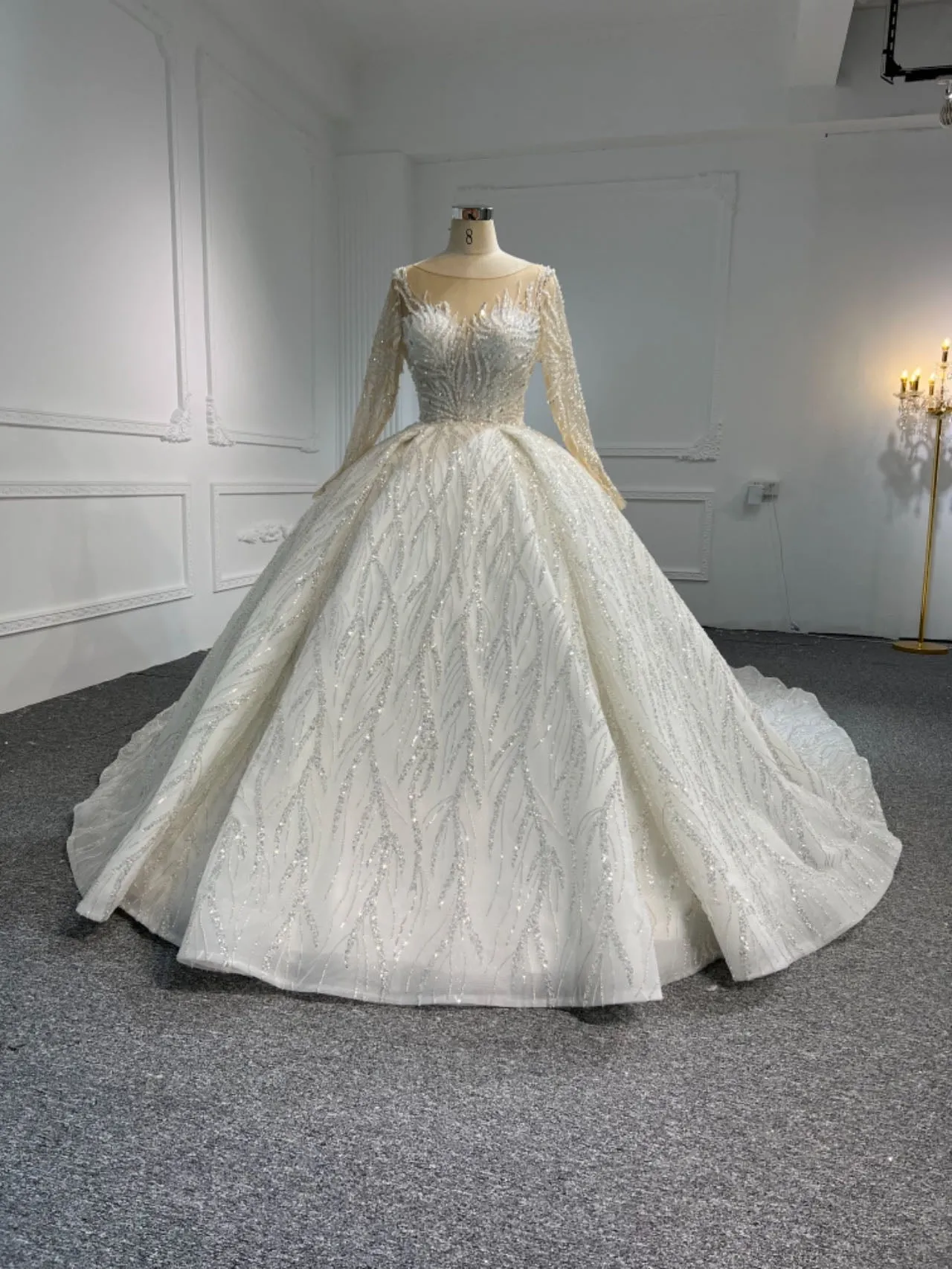 BYG23-44 LUXURY GLITTER LONG SLEEVES WEDDING DRESS WITH 2 METERS TAIL