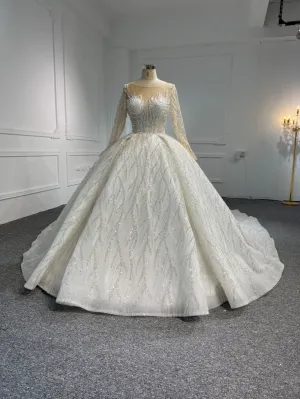BYG23-44 LUXURY GLITTER LONG SLEEVES WEDDING DRESS WITH 2 METERS TAIL